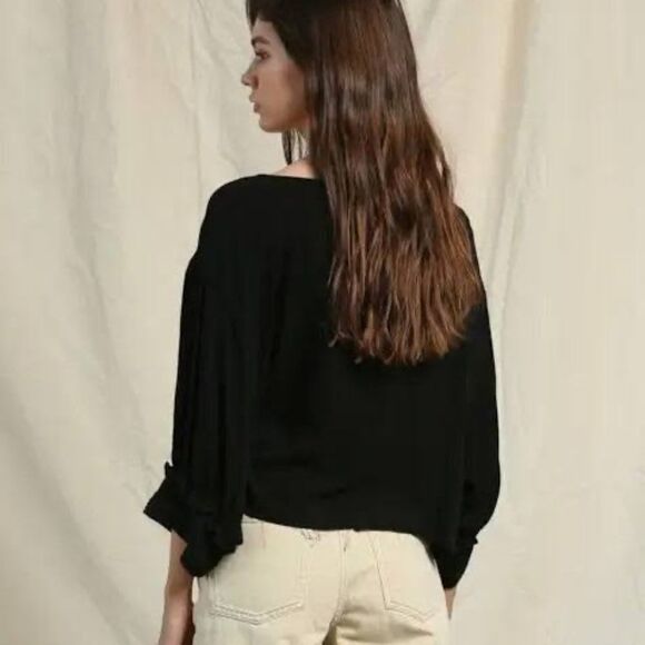 By Together NWT Black Round Neck Raw Hem Gauze Top Lace Detailing on Front Sz S - Picture 1 of 11